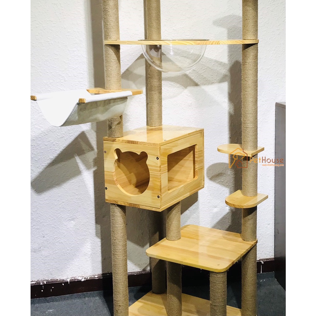 Nhà cây cho mèo đa năng loại lớn có cào móng và nhà nghỉ cattree sản gỗ thông tự nhiên