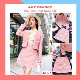 S3107 Set dạ hồng [kèm video SP] áo khoác dạ hồng crotop, chân váy A ngắn đính hoa nổi tiểu thư - DVC&ACC