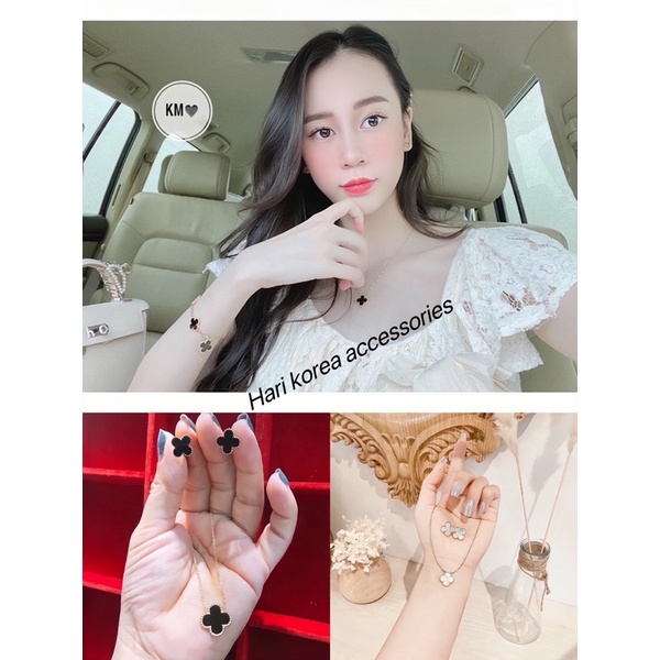 sét Dây chuyền + khuyên tai cỏ 4 lá ti tan,vòng cổ nữ cỏ 4 lá cao cấp,khuyên tai nữ cỏ 4 lá ti tan không bay màu