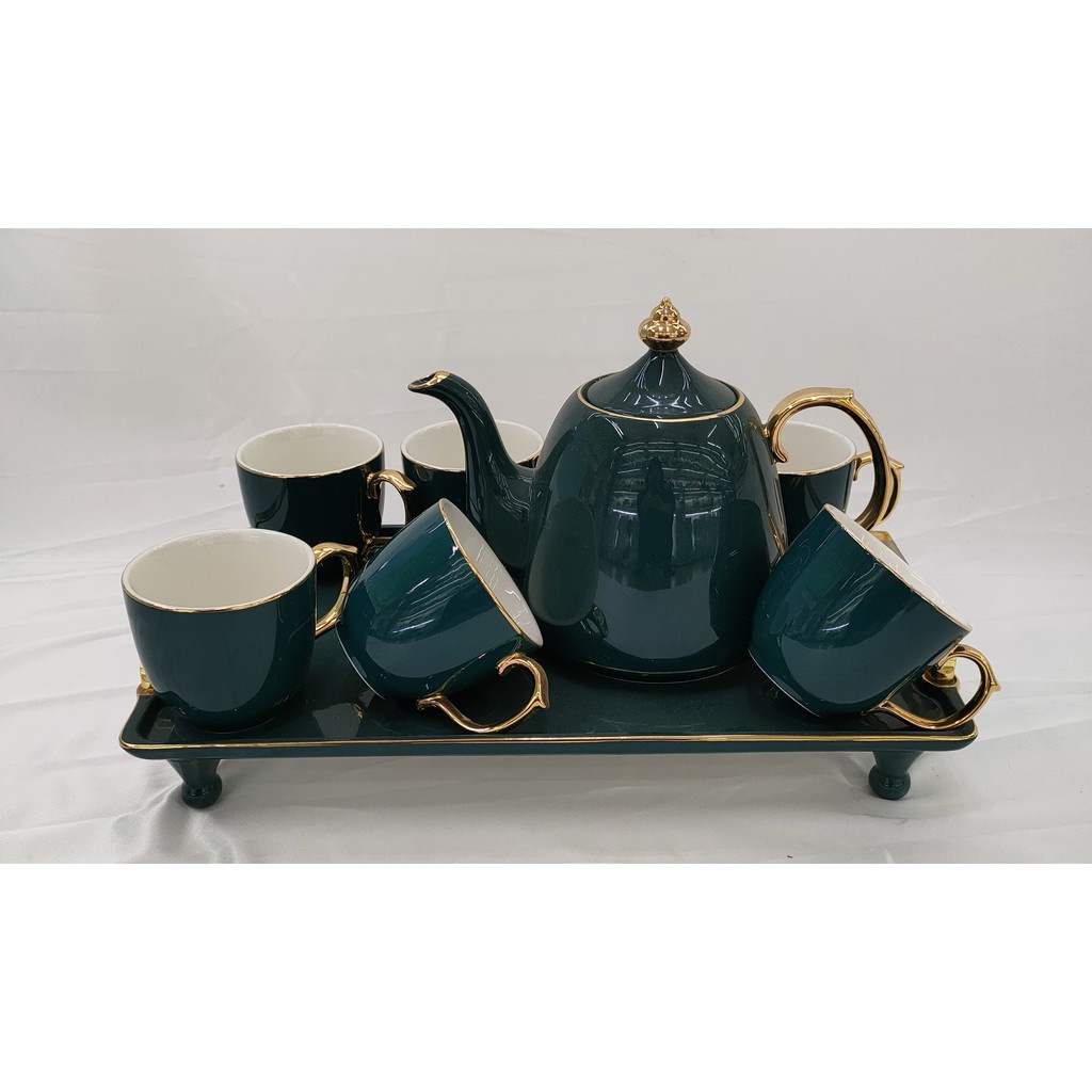 BỘ ẤM CHÉN SỨ XƯƠNG KÈM KHAY MÀU HỒNG VIỀN VÀNG