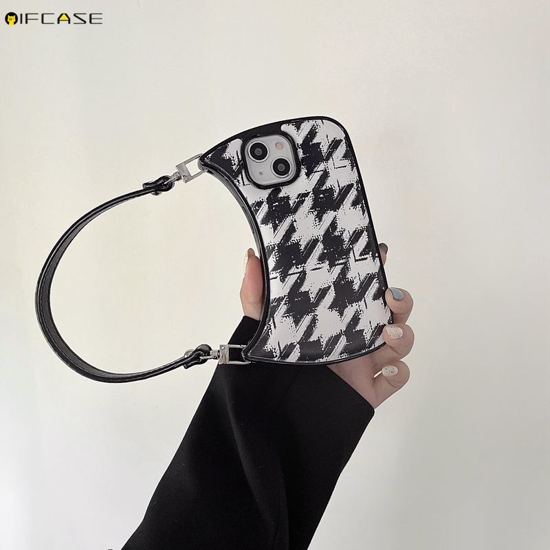 Ốp Điện Thoại Mềm Họa Tiết Kẻ Sọc Trắng Đen 3D Có Dây Đeo Cho iPhone 14 Plus 14 13 12 11 Pro Max