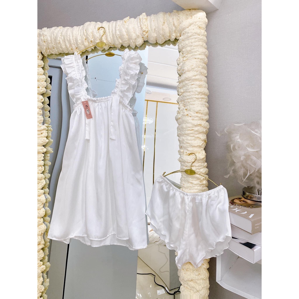 Đầm Ngủ 2 Dây Nhún Bèo Bigsize Lụa Lantin tặng kèm quần đùi