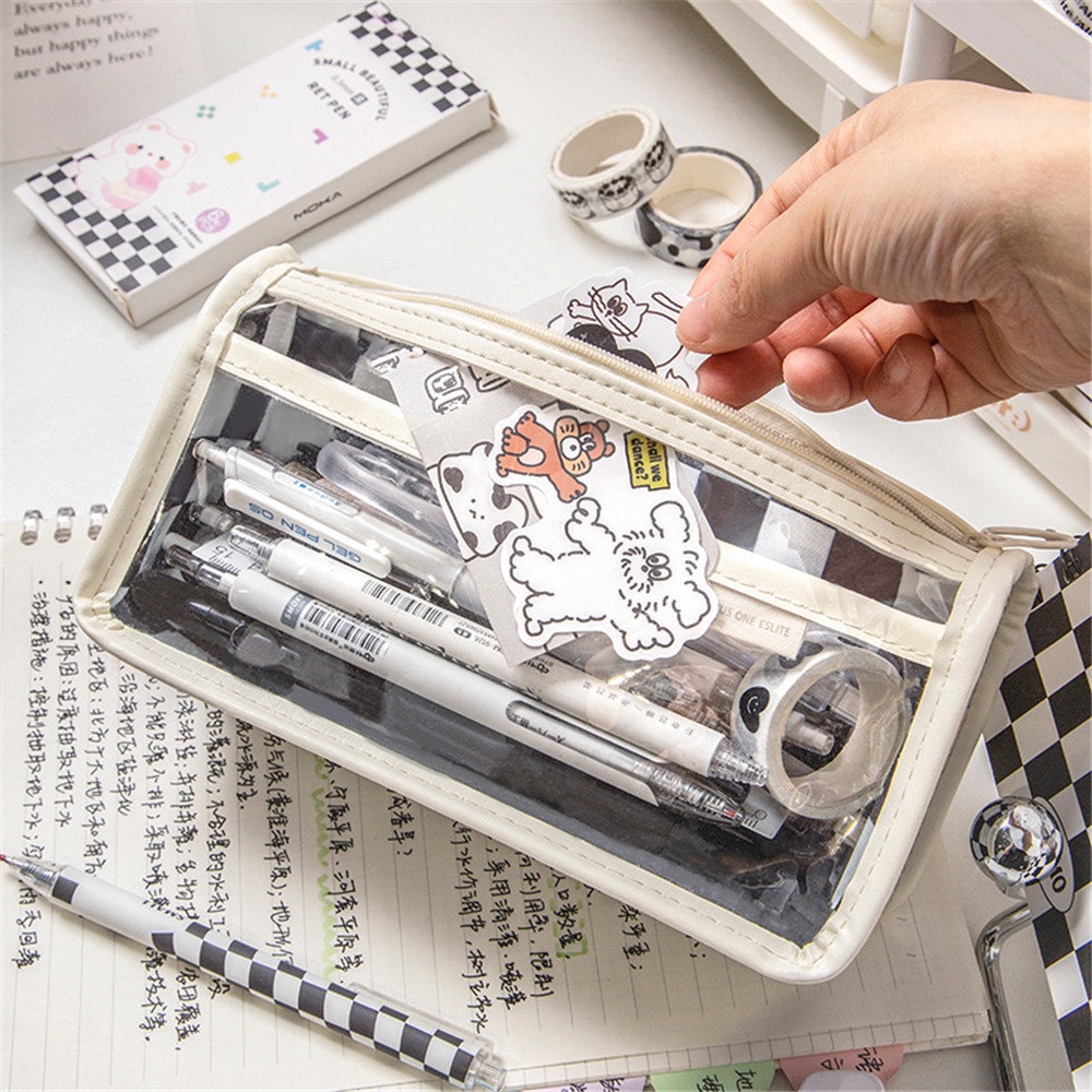Túi Đựng Bút Họa Tiết Kẻ Ô Màu Trong Suốt Sức Chứa Lớn