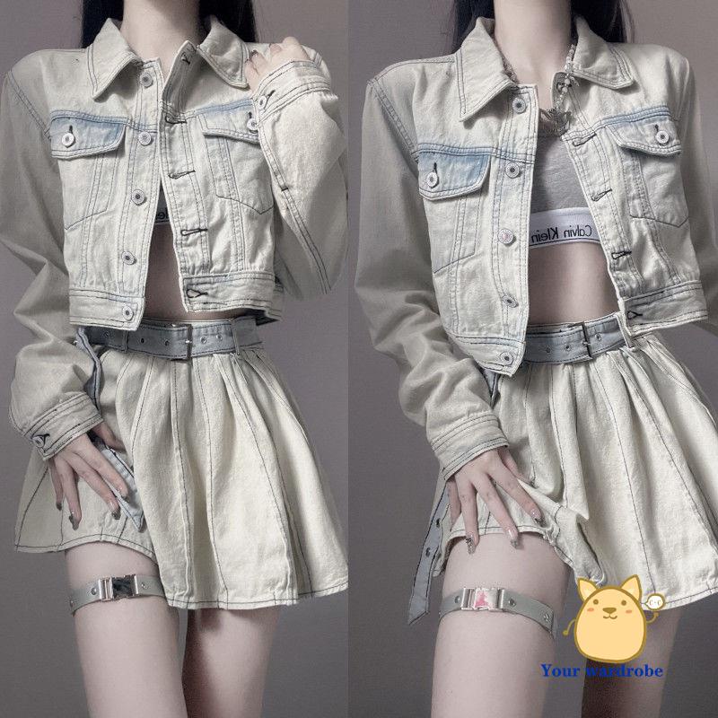 Bộ Áo Khoác denim + Chân váy jean Ngắn Xếp Ly Thời Trang Dành Cho Nữ