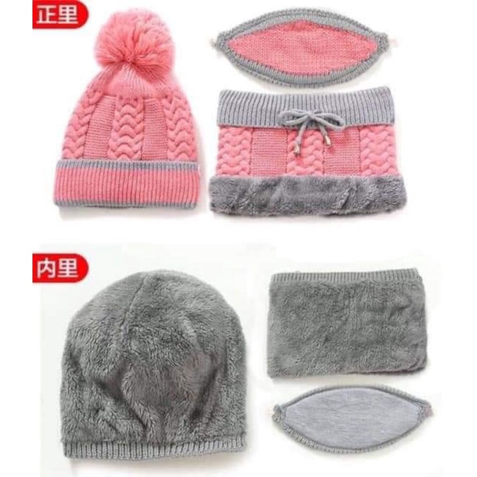 Sét khăn mũ len kèm khẩu trang dành cho nữ lót lông dày mịn siêu ấm
