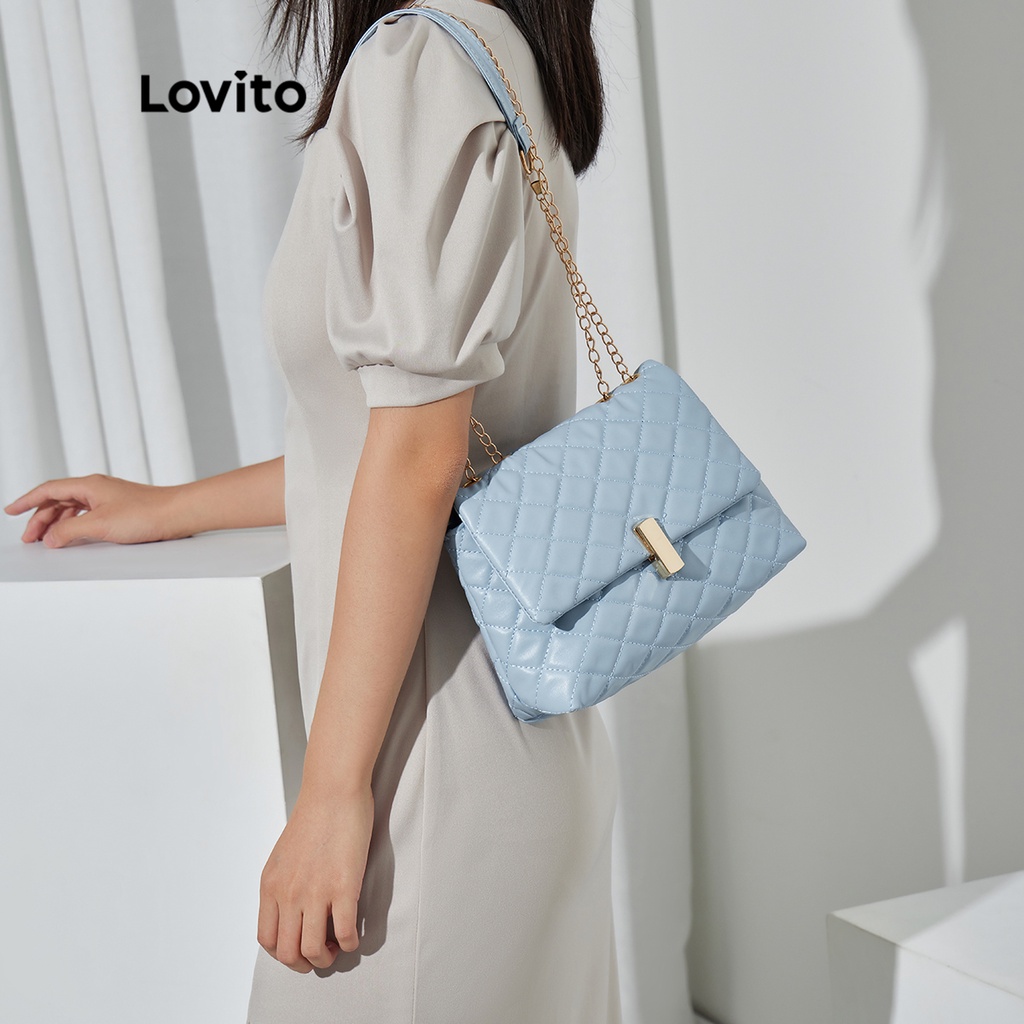 Lovito Elegant Trơn Kim Cương Quilting Kim Loại Dây Đeo Chuỗi Trọng Lượng Nhẹ Túi Vuông L38BA04 (Trắng/Đen/Kaki/Xanh dương)