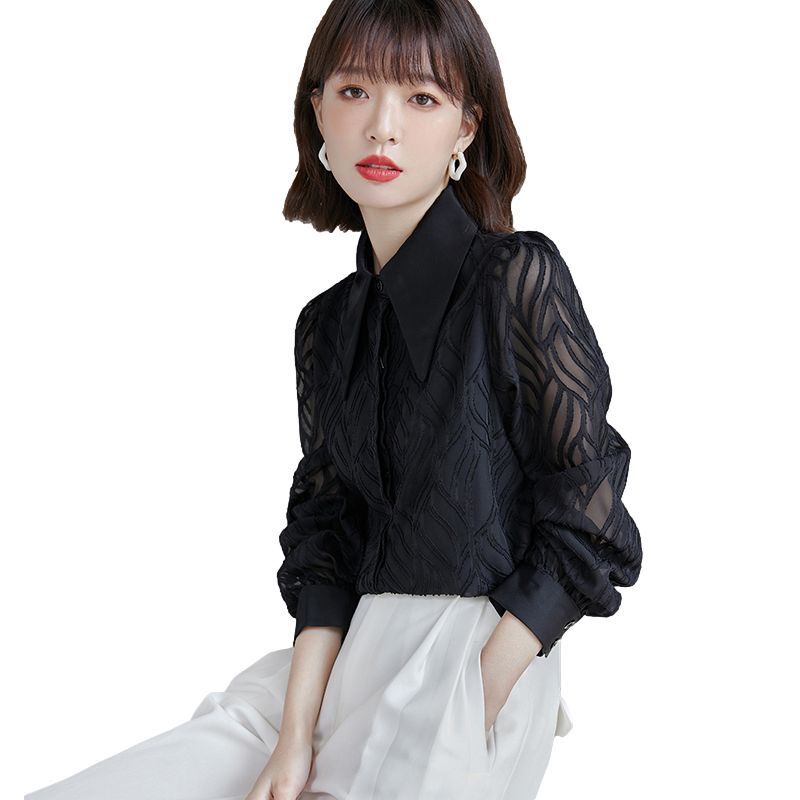 Áo Sơ Mi Chiffon Tay Dài Màu Đen Thời Trang Mùa Thu Phong Cách Hàn Quốc Cho Nữ