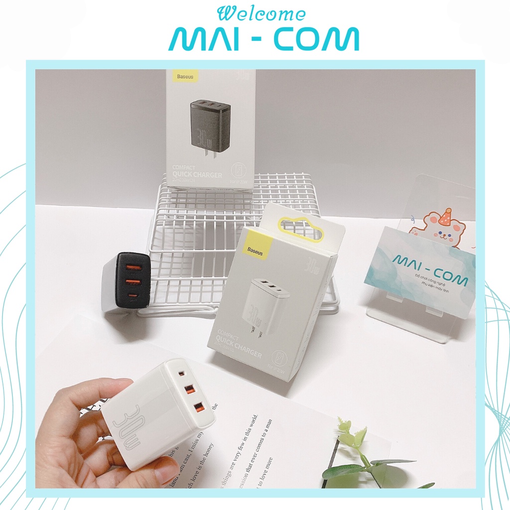 {MAI - COM} Cốc sạc nhanh siêu nhỏ gọn B.aa s.u.s 30W ( 2Usb+Type C, 30w PD/QC3.0 ), bản chân dẹp - Bảo hành chính hãng