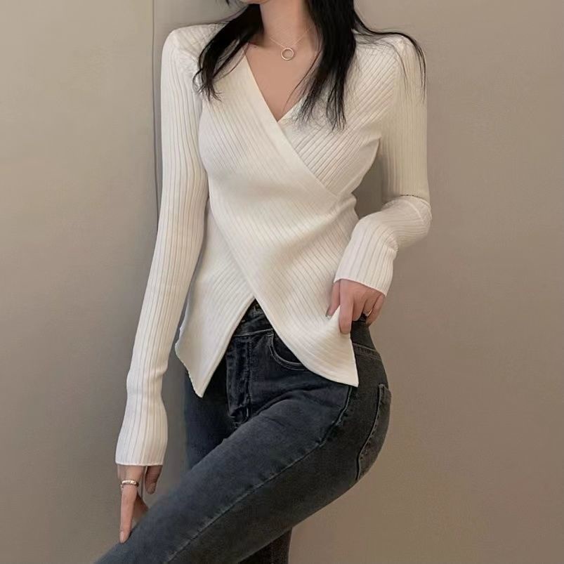 Áo Dệt Kim Nữ Tay Dài Cổ Chữ V Phong Cách Hàn Quốc