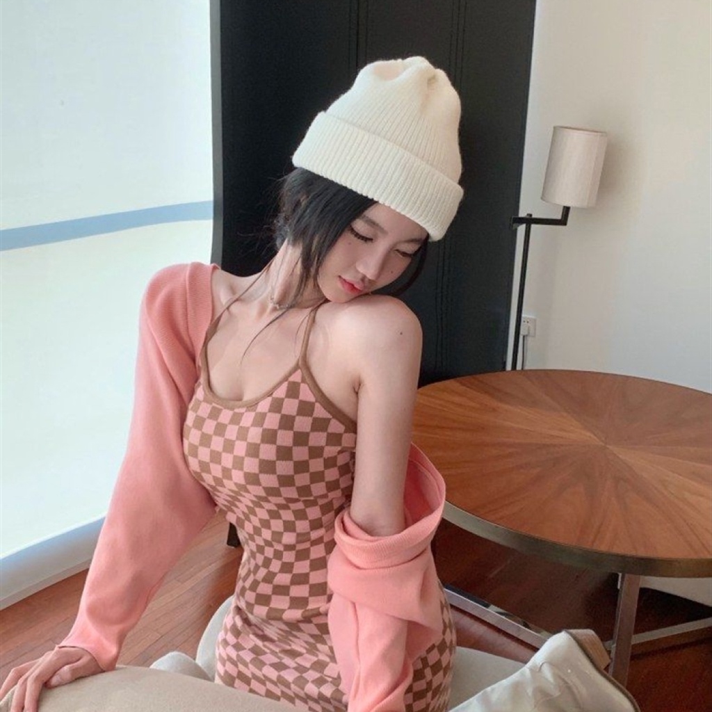 Váy len, đầm body hoạ tiết caro 2 dây dáng ôm phong cách Hàn Quốc NiNi Clothes