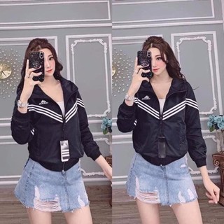 Áo dù khoác nữ form rộng in mèo Nhật phối sọc tay
