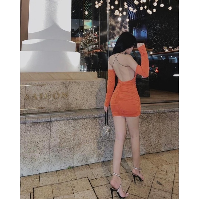Đầm body đầm tay dài hở lưng đan chéo dây bún sexy quyến rũ 104 (Giá sỉ) Lissa