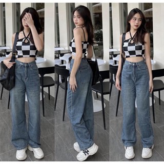 Quần Jean Ống Suông Rộng Xanh Loang - Leda