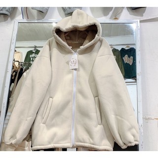 Áo khoác Hoodie trơn khoá Zip màu be - đen Áo nỉ da lộn có mũ lót lông cừu phom rộng màu be siêu dày dặn