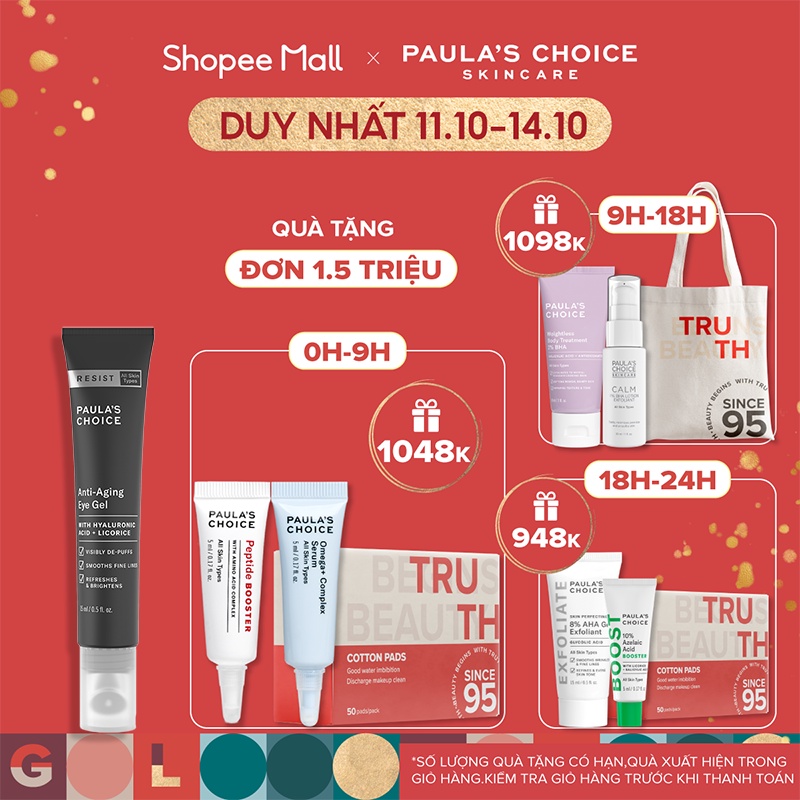 Kem mắt xóa nhăn, ngăn ngừa quầng thâm, kèm đầu massage Paula’s Choice Resist Anti-Aging Eye Gel 15ml 2140