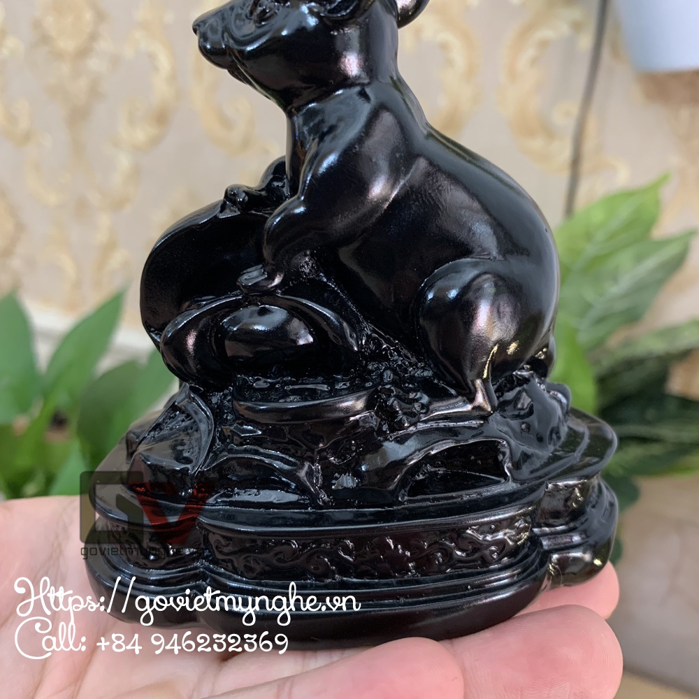 Tượng đá trang trí con Chuột phong thủy ôm tài lộc - Chiều cao 11cm - Màu Đen