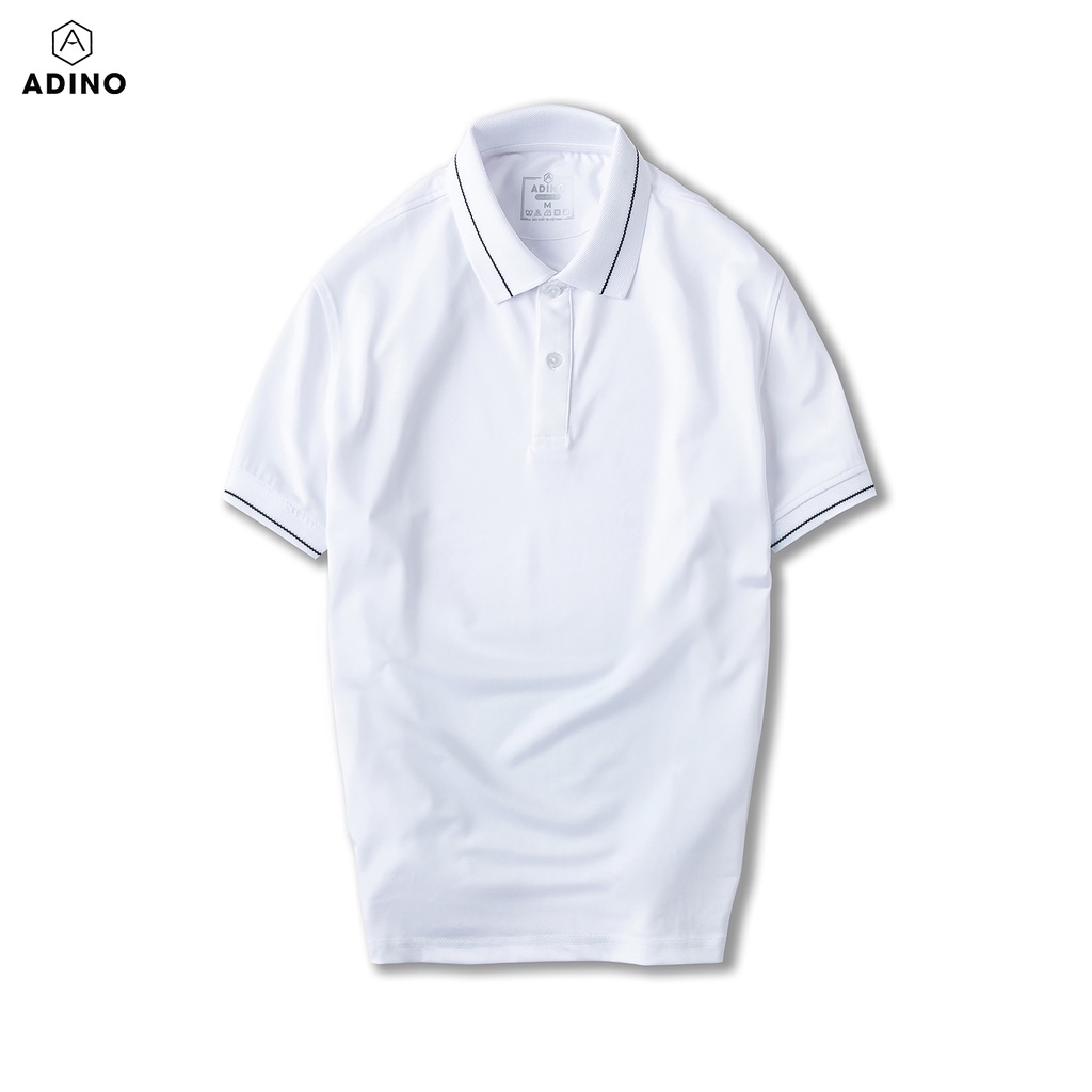 Áo thun có cổ nam màu trắng phối viền ADINO vải polyester cotton không bai xù dáng công sở slimfit hơi ôm trẻ trung AP95