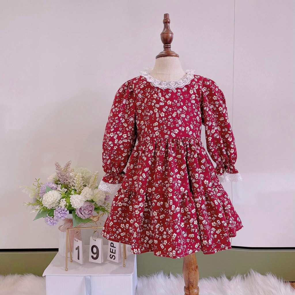 Váy thu đông dài tay cho bé gái từ 7-40kg chất nhung tăm lỳ màu đỏ hoa nhí ren trắng viền cổ và tay
