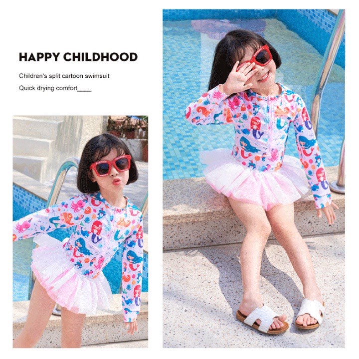 Bikini cho bé gái liền thân tay dài chống nắng phối ren bèo 2 tầng size từ 8-28kg