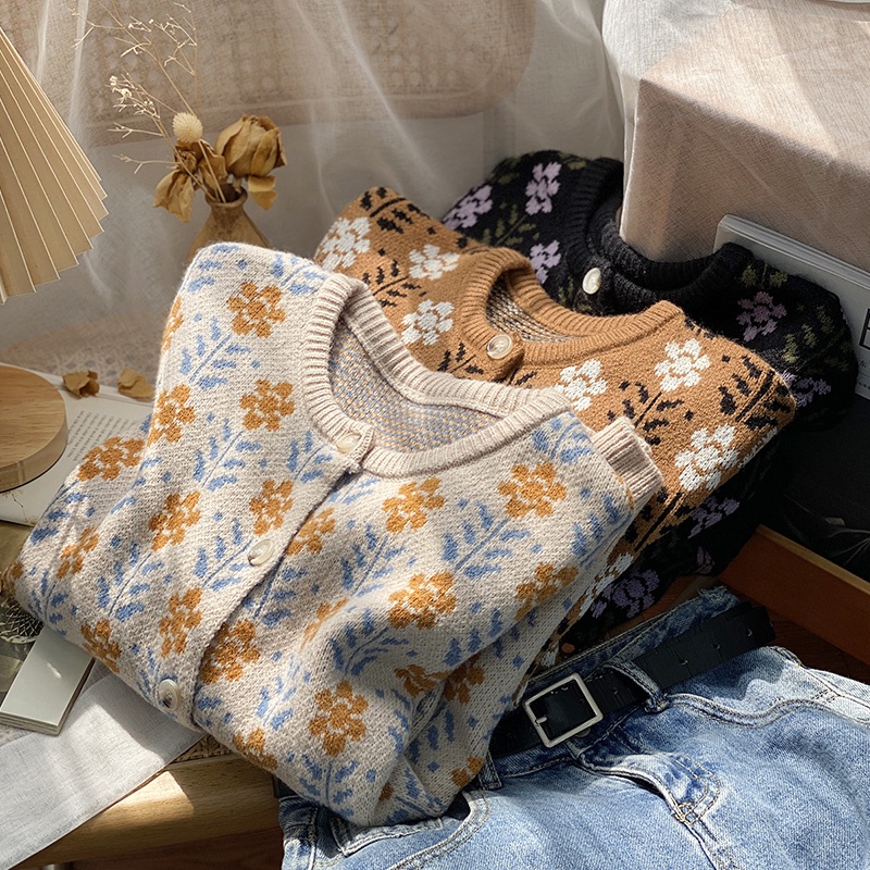 Áo khoác len nữ dệt kim dày dặn tay dài họa tiết hoa vintage, áo sweater cardigan nữ hàn quốc 9926