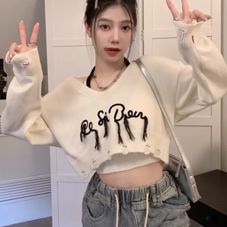 Set áo croptop len mịn kèm áo yếm trong và áo ngoài dài tay nữ