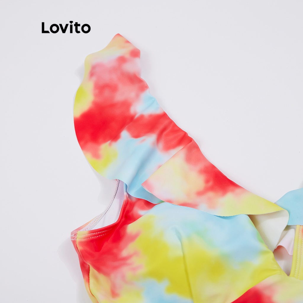 Set Bikini LOVITO dây thắt viền xếp ly họa tiết nhuộm màu loang phong cách boho các miếng đệm có thể tháo rời L18X383 (Màu vàng)