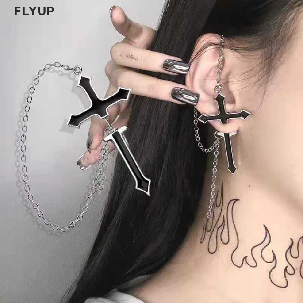 Bông Tai Dáng Dài Hình Thánh Giá Màu Đen Phong Cách Punk Cổ Điển Thời Trang Cho Tuổi Teen