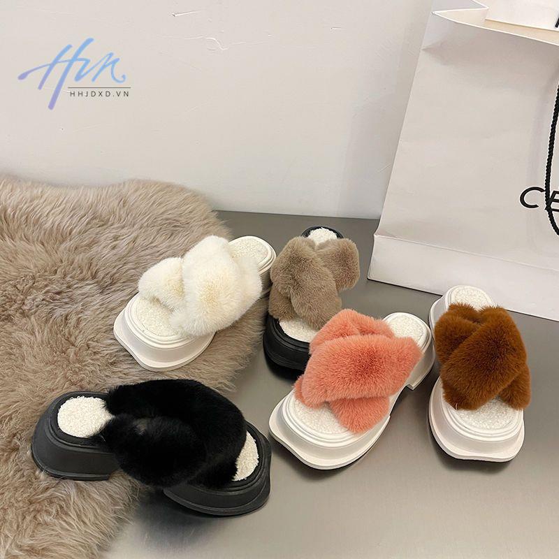 Dép Quai Ngang Đế Dày Phối Lông Thời Trang Thu Đông 2022 Mới Cho Nữ