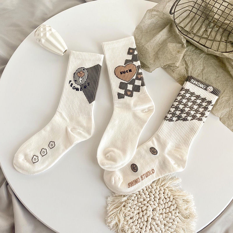 Tất Vớ Nữ Cổ Cao Loại Dày Cotton Mịn Hình khối Phong Cách Nhật Bản - Mã D2R13