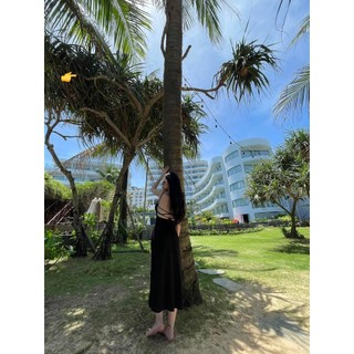 Đầm thun lụa 2 dây hở lưng đan dây dáng xòe dưới cực hot , chất thun lụa mềm mát
