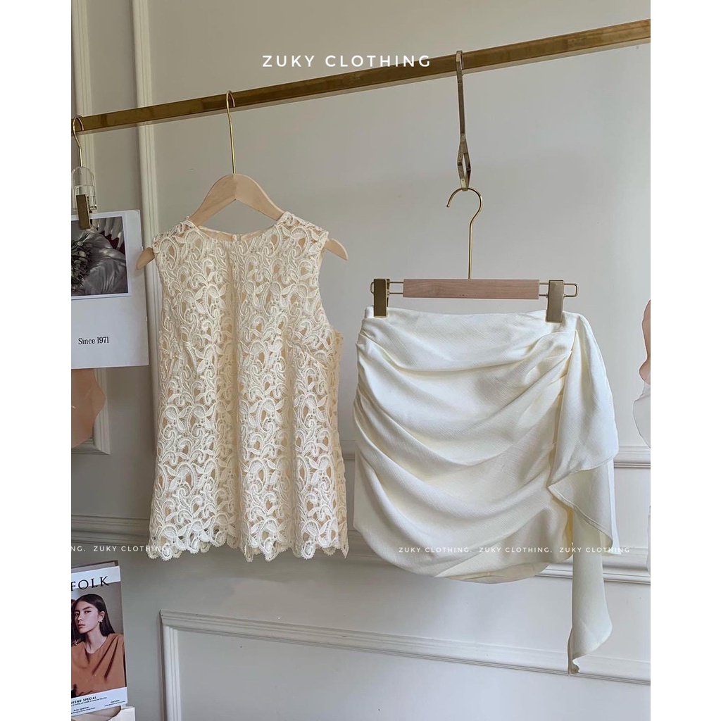 ZUKY CLOTHING - Sét ren màu nude chân váy nhún bên hông phù hợp tiệc dạo phố