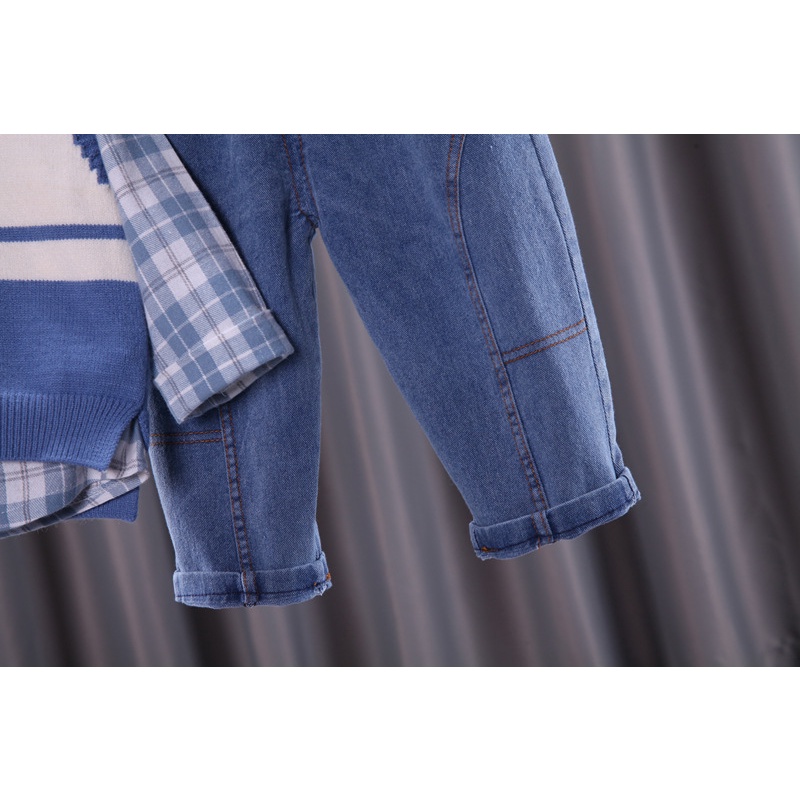 Sét áo ghi lê 3 món áo len, sơ mi, quần jean siêu đẹp cho bé trai 2022