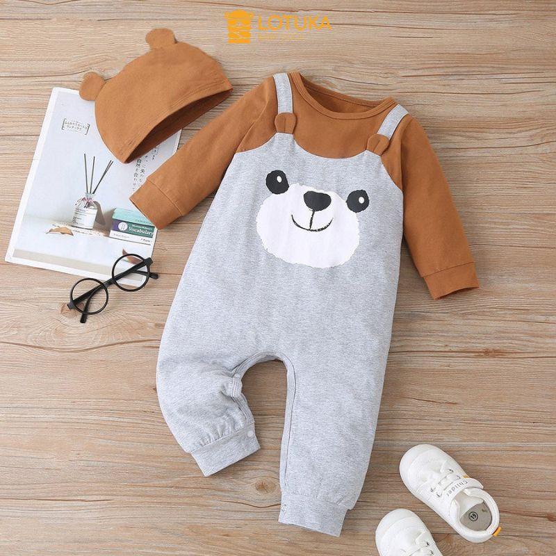 Bodysuit Cho Bé LOTUKA Yếm Gấu Đáng Yêu Kèm Mũ, Chất Thun Cao Cấp Mềm Mịn Size 3-12kg