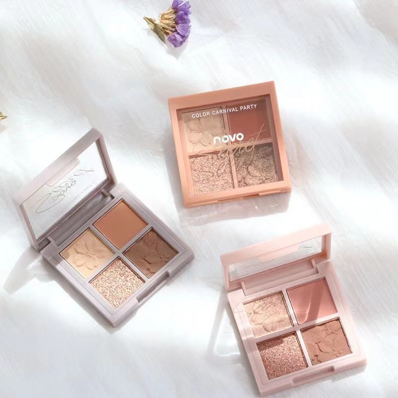 Novo® Bảng Phấn Mắt 4 Màu Lì Và Ánh Nhũ Kết Hợp Trang Điểm Kháng Nước 6g