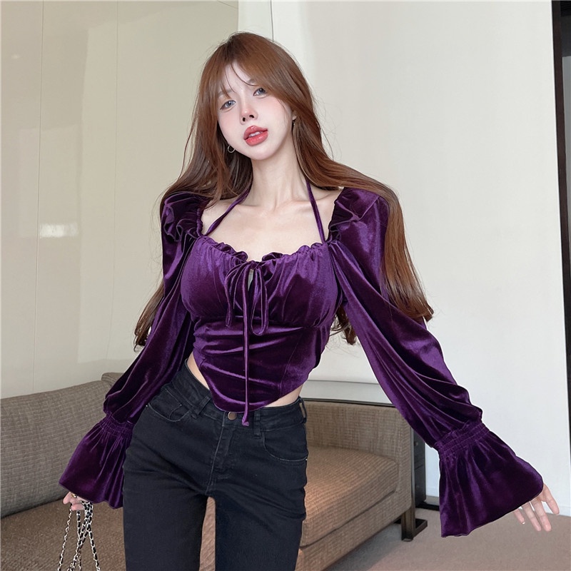 Áo Nhung Cổ Yếm Dáng Ngắn Thời Trang Mùa Thu Quyến Rũ Cho Nữ