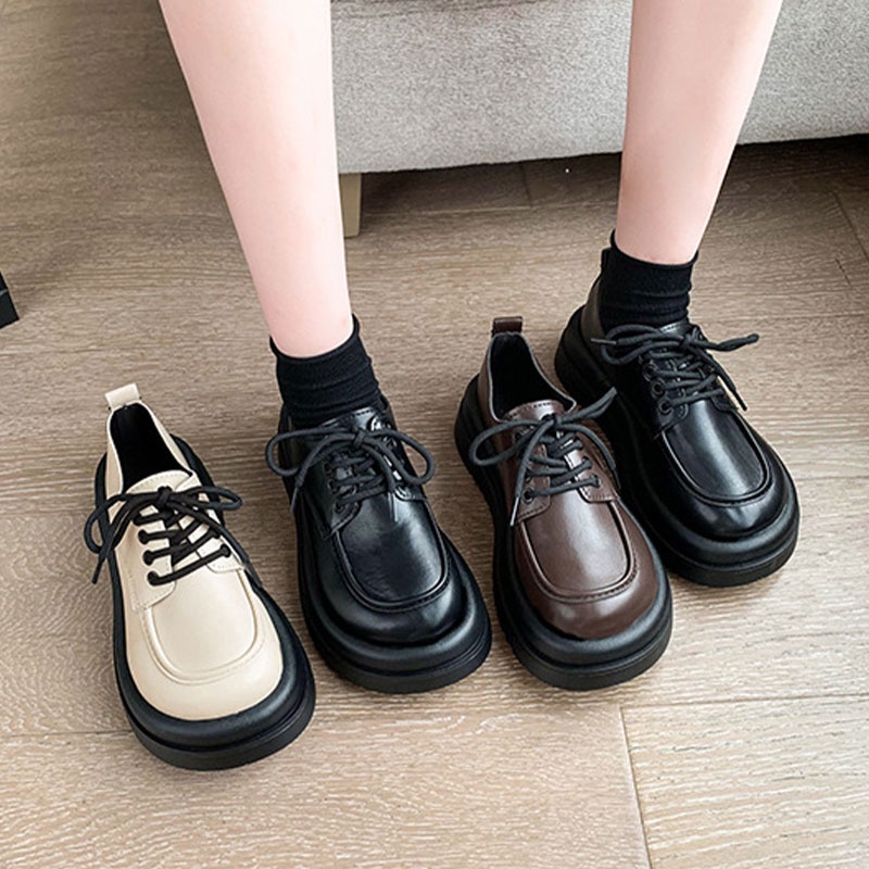 One more shoes Giày Da Đế Dày Buộc Dây Mềm Mại Thoải Mái Phong Cách retro Pháp Cho Nữ