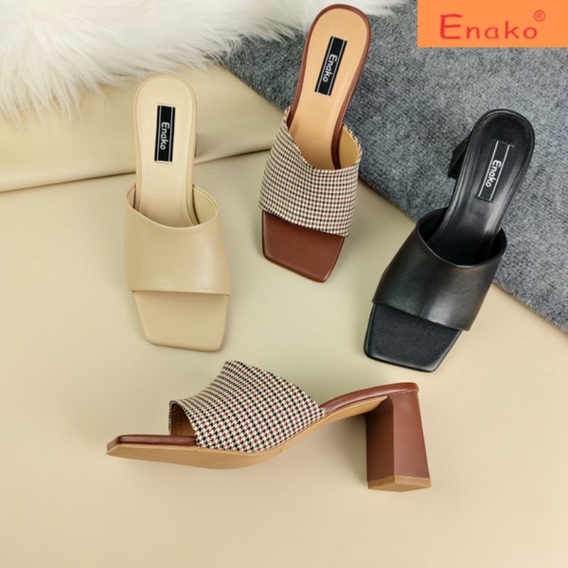 Dép cao gót quai ngang enako tp13590_ mũi vuông gót cao 7 cm