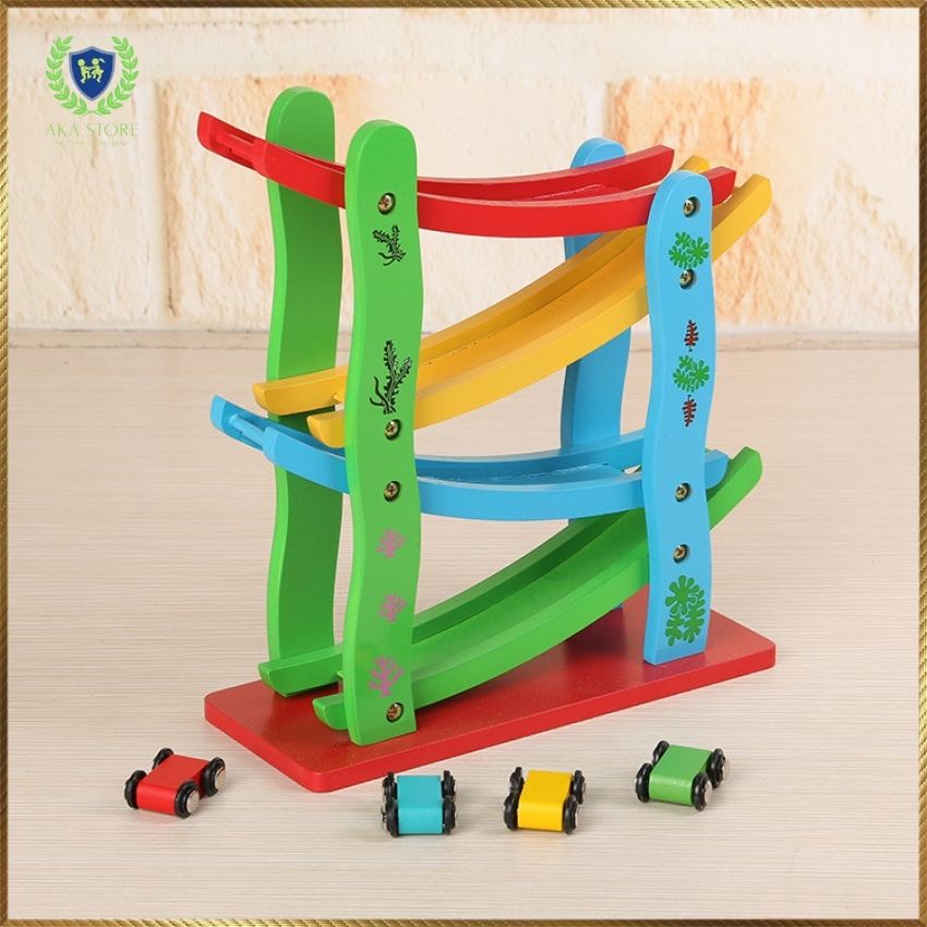 Đồ Chơi Xe Cầu Trượt 4 Tầng tặng kèm 4 Ô tô Bằng Gỗ Dành Cho Bé, AKA Store
