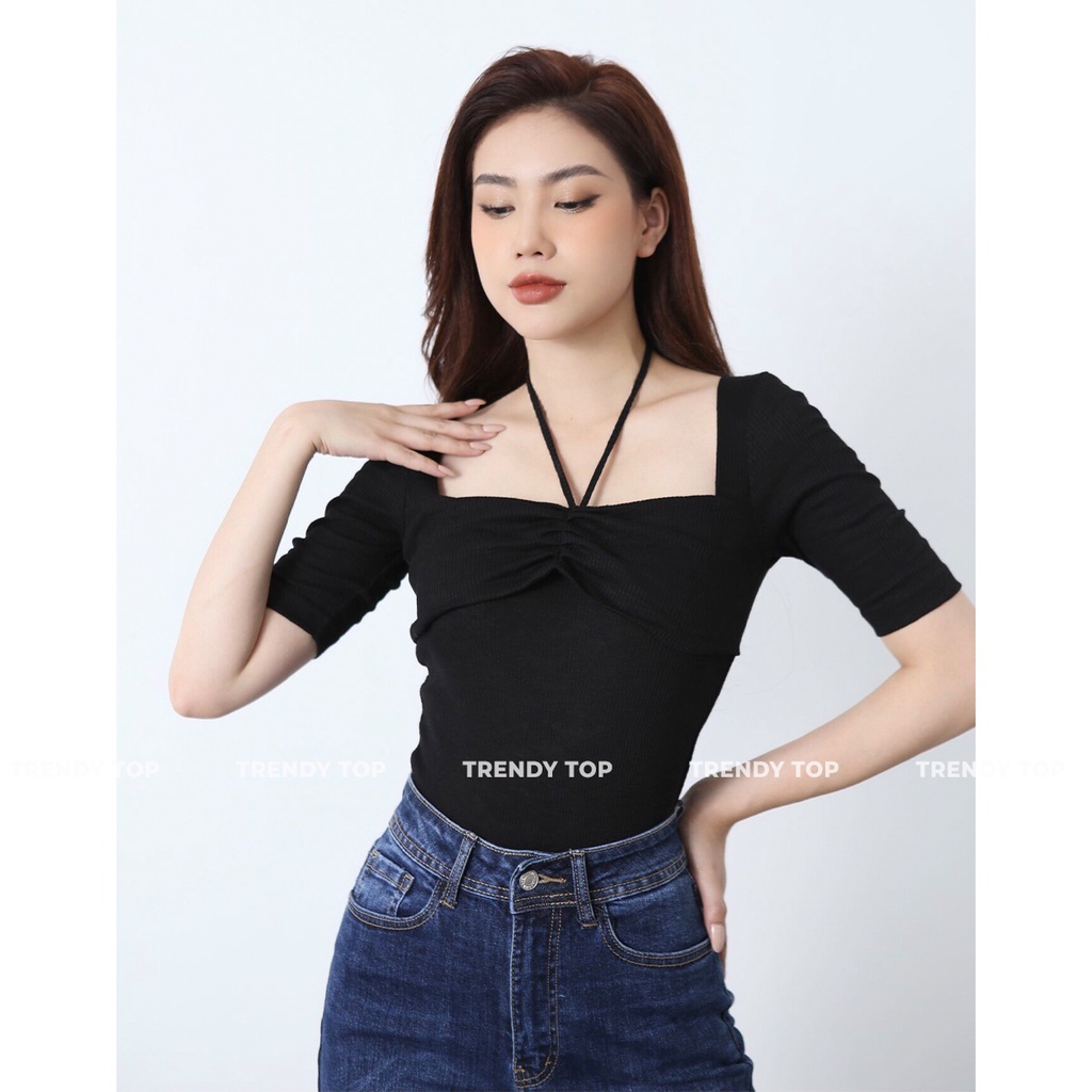 Áo cổ yếm - Áo kiểu tay ngắn dáng ôm chất thun tăm siêu co giãn, CTWOMEN