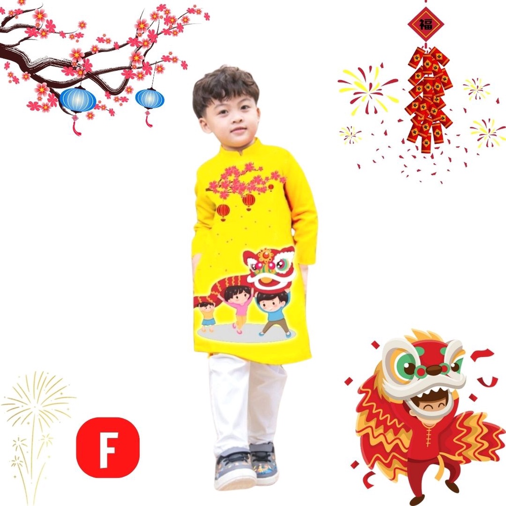 Áo dài tết bé trai cách tân hình lân rồng từ 10-42kg. Áo dài chất liệu vải tuyết mưa - Tomchuakids