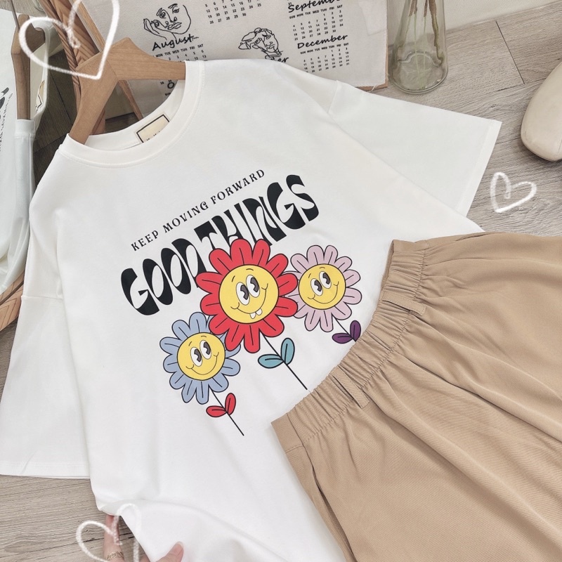 [Sẵn] Set áo thun trắng in hình form rộng + quần short nude cá tính