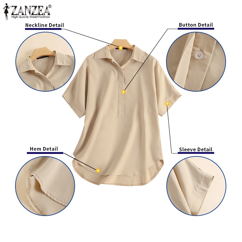 Áo kiểu nữ ZANZEA tay ngắn màu trơn phong cách Hàn Quốc