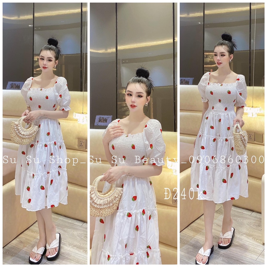 [10.10 Sales Freeship] Đầm trắng maxi nhún ngực in trái cây dễ thương, đầm trắng mặc 2 kiểu đi biển, đi chơi siêu xinh