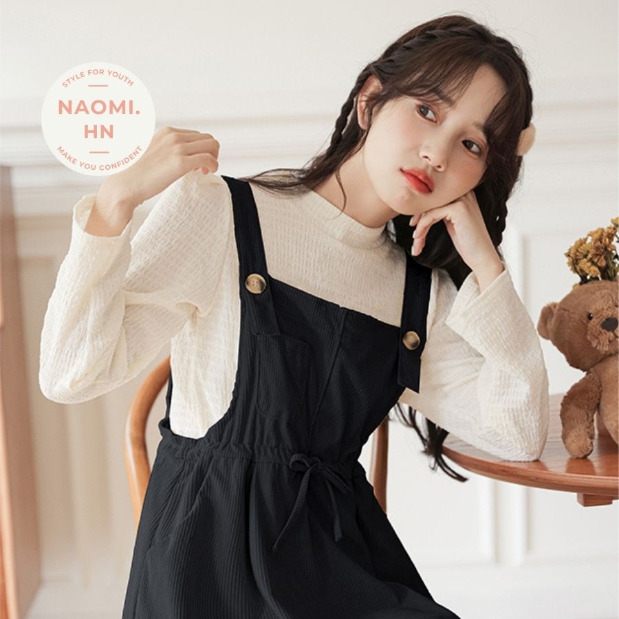 Váy yếm 2 dây bản to form rộng NHUNG TĂM BUỘC EO dáng xòe, váy yếm gân tăm nữ dáng dài rộng nhung tăm babydoll