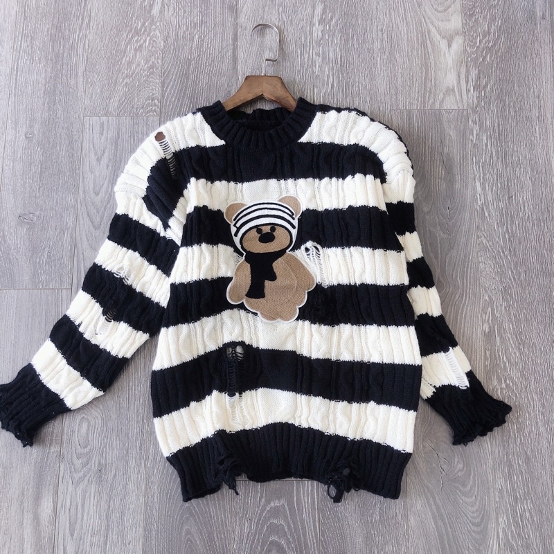 Áo Len Sweater Rách Kẻ Sọc Ngang Gấu Phối Rách Full Đen Trắng Tím Xám Hot Trend Mùa Đông