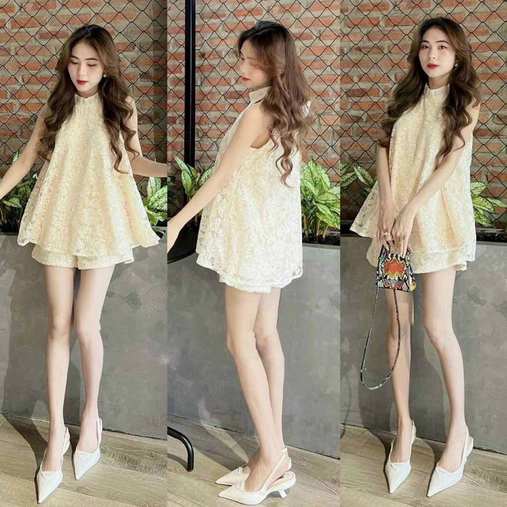 SET BỘ NỮ ÁO CỔ NƠ HỌA TIẾT HOA REN KẾT HỢP QUẦN SHORT DỄ MẶC