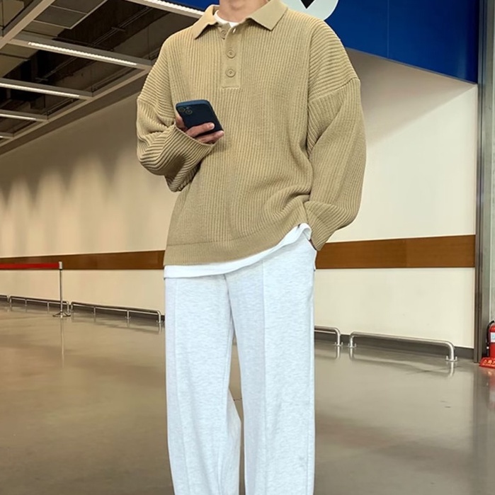 Áo Polo Dệt Kim Tay Dài Dáng Rộng Màu Trơn Thời Trang Hàn Quốc Dành Cho Nam Nữ Áo Thu Đông Áo Len Hàn Quốc Mùa Đông Giữ Nhiệt Nam