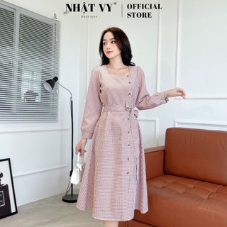 Đầm Công Sở NHẬT VY Caro Cổ Vuông Tay Dài Phối Dây Eo Dáng Suông Màu Nude, Đen - D2320