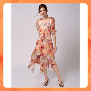 Đầm nhún eo họa tiết hoa nữ YV LE & CO vải Cotton thanh lịch