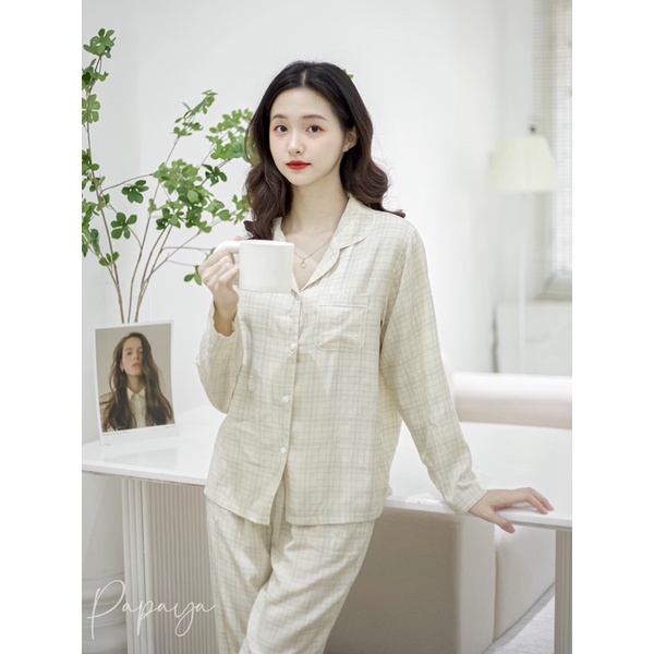 Đồ mặc nhà pijama đồ ngủ lụa dài tay + quần dài kẻ sọc